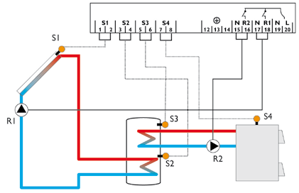 Toewijzing van de klemmen: systeem 8 Zonnesysteem met integratieve verwarming door middel van een ketel met vaste brandstof met 1 reservoir, 4 sondes, 1 zonnepomp en 1 pomp voor de integratieve