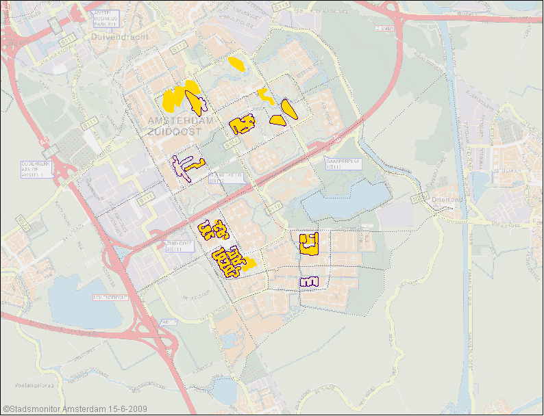 Concentratiegebieden eenoudergezinnen (minimaal 22%) in 2006 (geel) en 2008 (blauw) ER-doel: grotere diversiteit in buurten en wijk Bron: O+S/UVA: Stadsmonitor Amsterdam Sinds 2008 kent Bijlmer