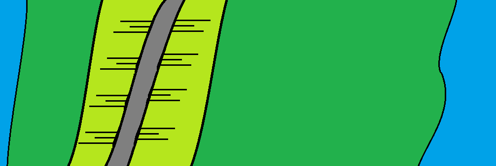 Figuur 20: Bovenaanzicht dijk met links een watergang (uittredelijn), in het midden de dijk met de binnen- en buitenteen en rechts het buitenwater (intredelijn) Om de schematiseringsfactor van de