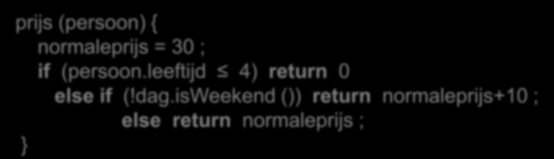 Vereenvoudiging van structuur Soms kun je replace nested conditional with guarded clauses doen. If-else voor normale flow met meerdere varianten prijs() { if (dag.isweekend()) return 40.