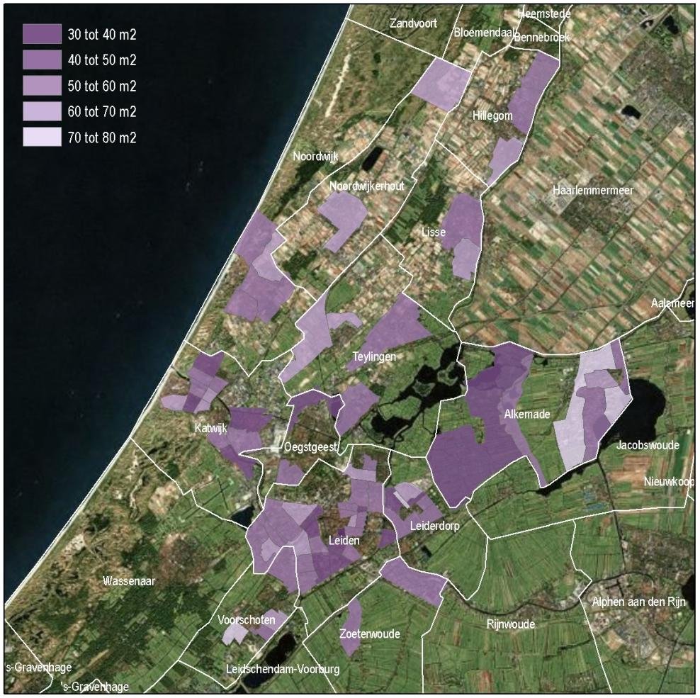 10 2.4 Oppervlakte De meeste woningen (47%) die in Holland Rijnland zijn aangeboden hebben een oppervlakte van 40 tot 60 vierkante meter. Nog eens 36% besloeg 60 tot 80 vierkante meter.