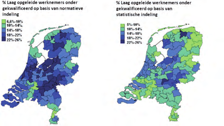 meenten onder het Nederlandse gemiddelde wat betreft het aandeel laagopgeleide ondergekwalificeerde werknemers. In onderstaande kaarten (figuur B.4.