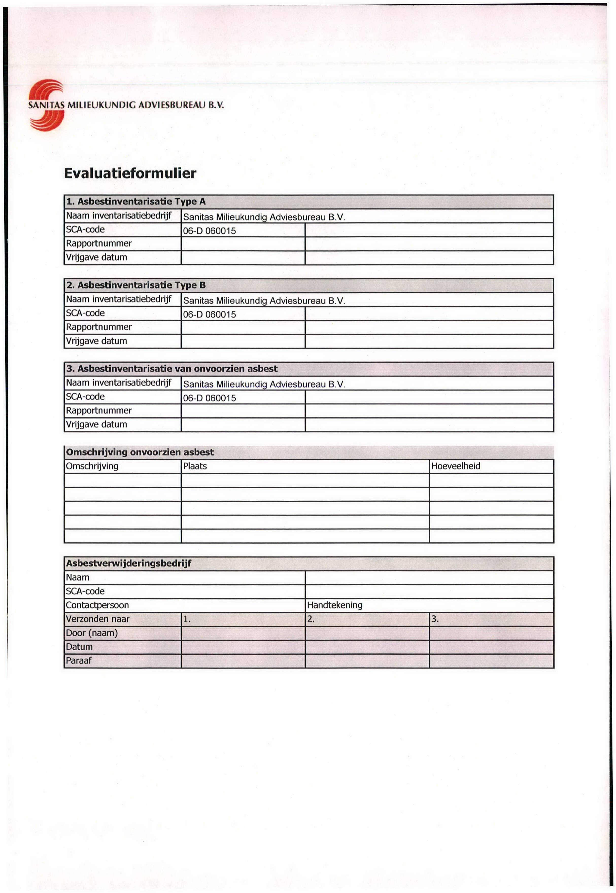 Evaluatieformulier 1. Asbestinventarisatie Type A Naam inventarisatiebedrijf Sanitas Milieukundig Adviesbureau.V. SCA-code 06-D 060015 Rapportnummer Vrijgave datum 2.