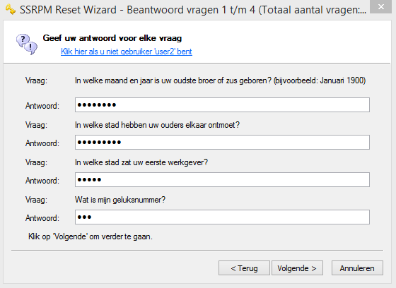 Wanneer u een nieuw wachtwoord wilt instellen, dient u eerst een aantal vragen te beantwoorden (zie bovenstaand voorbeeld).