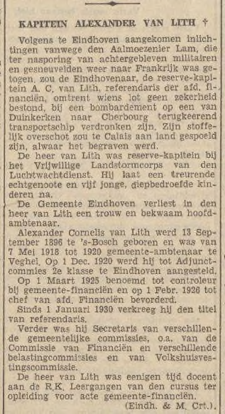 LEX VAN LITH Lex van Lith werd als Alexander Cornelis van Lith geboren op 13 september 1897 te s Hertogenbosch.
