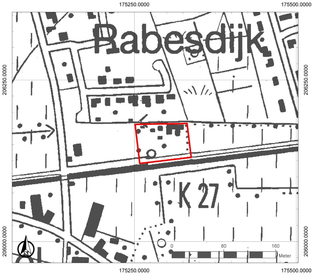 6 Bouwel - Rabesdijk Oppervlakte onderzoeksgebied: ca. 4550 m² Topografische kaart: Figuur 2: Topografische kaart met aanduiding van het onderzoeksgebied (https://www.dov.vlaanderen.