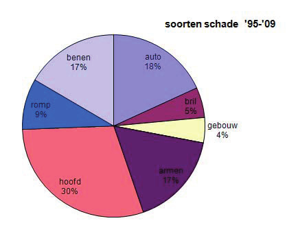 Soort schade Betreffende lichamelijke schade is schade aan het hoofd het meest frequent (43 % in 2009, hoofdzakelijk ten gevolge van vallende pijlen), daarna aan armen en benen (21 en