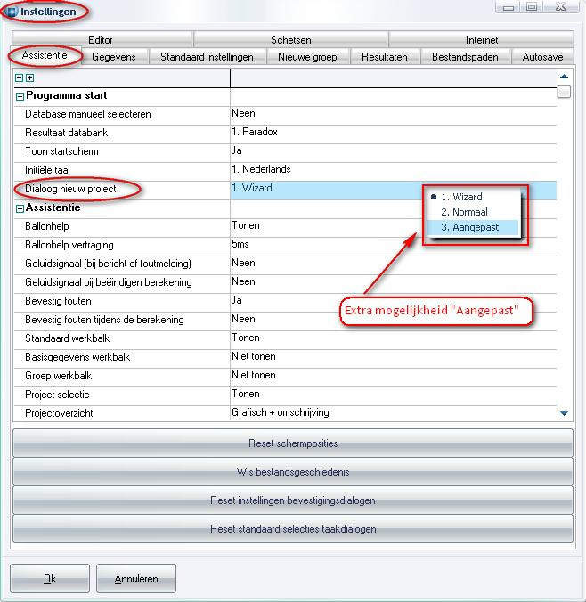 Er werd een extra mogelijkheid voorzien voor het aanmaken van een Nieuw project : 1. Wizard interne dialoog in wizard stijl 2. Normaal interne dialoog normale stijl 3.