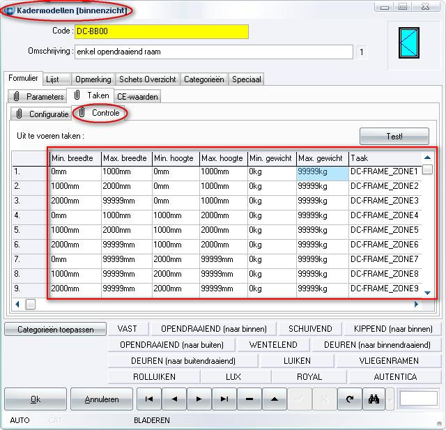 Controle taken kader modellen De tab Taken in de kadermodellen bibliotheek (=FRAME.DB tabel) werd voorzien van 2 rubrieken: 1. Configuratie taken - uitgevoerd tijdens laden kadermodel 2.