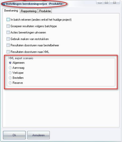 Bij de specifieke berekeningswijzen kan eveneens meegegeven worden met welk scenario de XML informatie dient gegenereerd te worden, ga naar Bewerken -