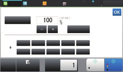 KOPIEERAPPARAAT 5 Kopieerfactor Auto Image 00 ( 25~200 ) % Enigszins verminderen (3% besparing) Stel de kopieerfactor in. Wanneer u klaar bent met het invoeren van de instellingen tikt u op.