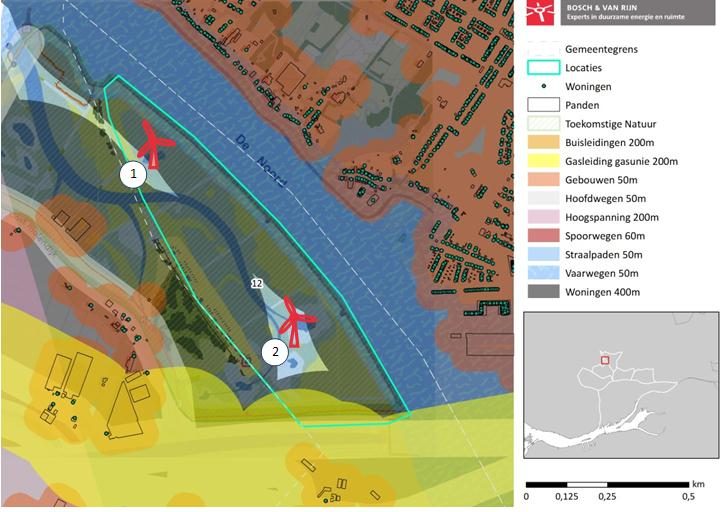 Hoofdstuk: Hendrik-Ido-Ambacht 5.3 Opstelling 3: de Crezeepolder Figuur 13: Opstelling van 2 turbines in de Crezeepolder. Deze polder wordt in de toekomst omgezet naar natuur (EHS).