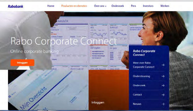 Log in op Rabo Corporate Connect 1. Ga naar www.rabobank.com/corporateconnect* 2. Klik op de knop Inloggen. U komt nu op de inlogpagina waar u klikt op de link Rabo Corporate Connect. 2 3.