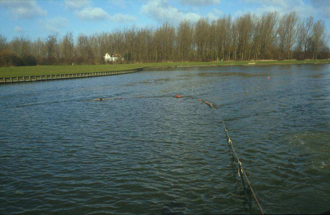 - Sonarbemonstering RGV wateren - Een kuil wordt met behulp van twee boten met relatief hoge snelheid door het water getrokken. Rechtsonder is de trekkende lijn nog net zichtbaar.