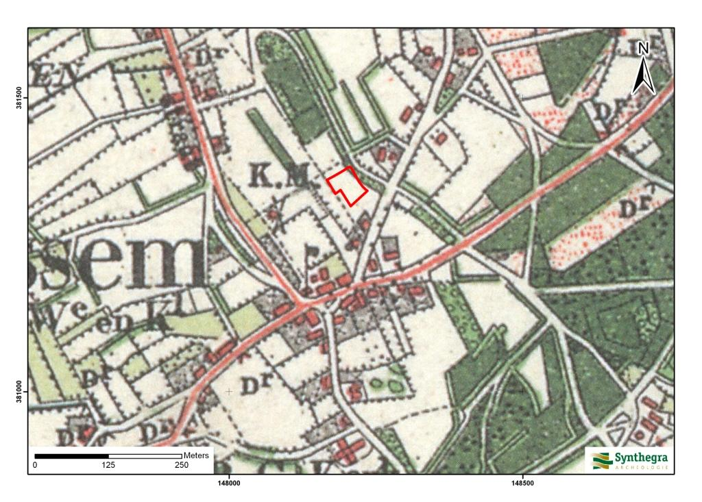 5: Ligging van het plangebied op het minuutplan uit het begin van de 19 e eeuw, aangegeven met het rode kader (Bron: www.watwaswaar.nl).