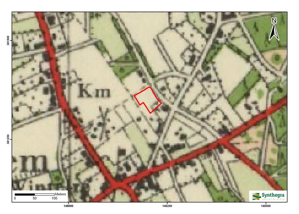 Afbeelding 2.7: Ligging van het plangebied op de kaart uit circa 1953, aangegeven met het rode kader (Bron: www.watwaswaar.nl).