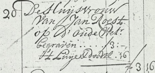 Trijntje is ook opgenomen in het overlijdensregister van Leimuiden bij 20-06-1754: De Huijsvrouw van Jan Roest op