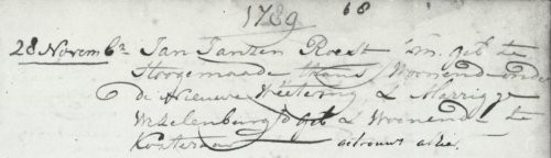 Trouwboek Langeraar 28-11-1789 1789 28 november Jan Janszen Roest J.M. geb. te Hoogemaaden thans woonende onder de Nieuwe Wetering & Marrigjen Wezelenburg geb.