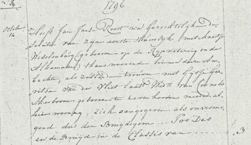 Pro Deo en de Bruijde in de classis van 3 gulden. Hoogmade Doopboek Gereformeerd p.35 dd. 20-11-1757: 95.) Den 20 November 1757 (kind) Gerrit. De Vader. Jan Roest. De Moeder. Antje van der Star.