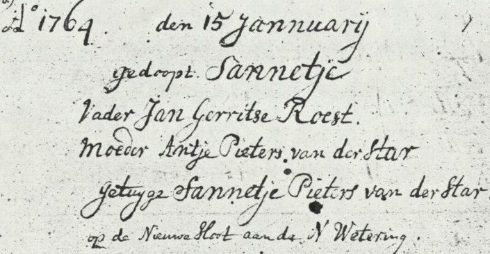 Vandaar dat nu oom Jacob peetoom is). Oude Wetering (Alkemade) Doopboek Gereformeerd p.80 dd. 15-01-1764: A[nn]o 1764.