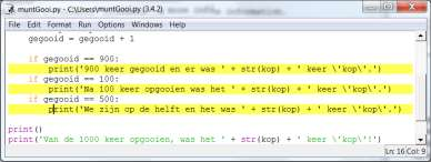 Hoofdstuk 7 De Debugger gebruiken 65 2. print('ik gooi 1000 keer een muntje op. Raad eens hoe vaak het \'kop\' zal zijn? (Druk op Enter om te beginnen.)') 3. input() 4. gegooid = 0 5. kop = 0 6.