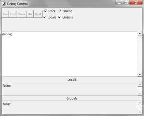 Hoofdstuk 7 De Debugger gebruiken 58 Afbeelding 7-1: Het Debug Control-venster. Als je nu het spel Drakenrijk start, door op F5 te drukken, wordt de Debugger van IDLE geactiveerd.