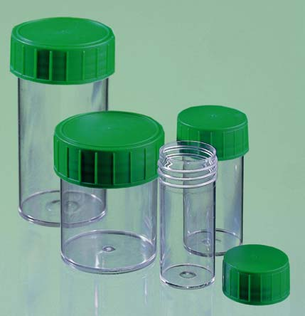 Laboratorium disposables: containers in alle soort en, maten en materialen Art.code Afmetingen Inhoud Verpakt per 11.511.2001 PS, 30 x 70 mm 40 m l, dop gemonteerd 100 / 700 11.512.
