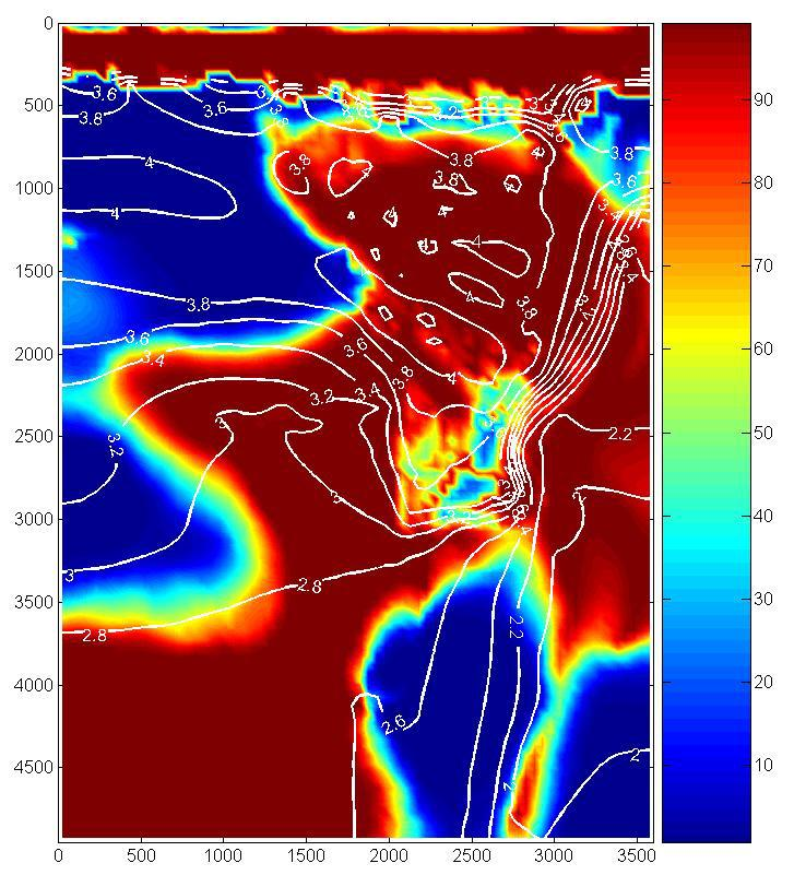 Figuur 5.12 Horizontale doorsnede volgens laag 3 (-1.5 mtaw) van het modelgebied na 10 jaar uitbreiding met 120 ha.