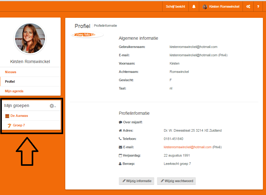 Uw profiel wordt nu ingevuld getoond. Onder Mijn groepen zult u de groepen van uw kind(eren) zien staan. Wanneer u hier op klikt, wordt de informatie van de groep zichtbaar.
