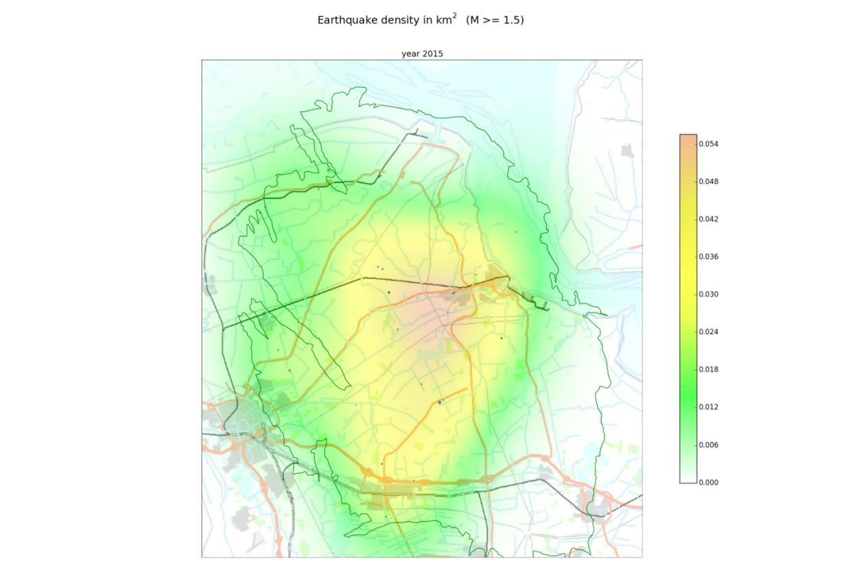 Aardbevingsdichtheidskaart De verdeling van de aardbevingen over het gebied wordt weergegeven op een aardbevingsdichtheidskaart 5 die het aantal bevingen per vierkante kilometer toont (N/km 2 ), zie