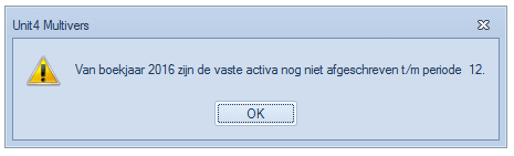 Vul het boekingsscherm in en geef [OK]: Als u werkt met de module Vaste Activa, moeten alle periodes van het oude boekjaar zijn afgeschreven.