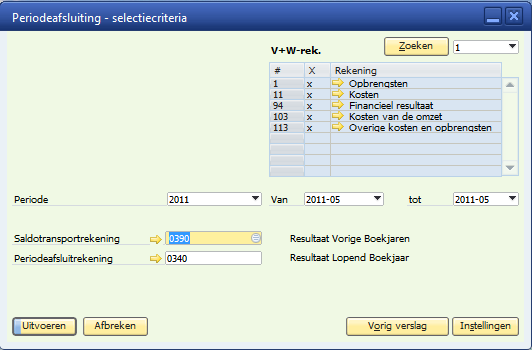 selectiecriteria : Standaard selecteert SAP alle V&W rekeningen.