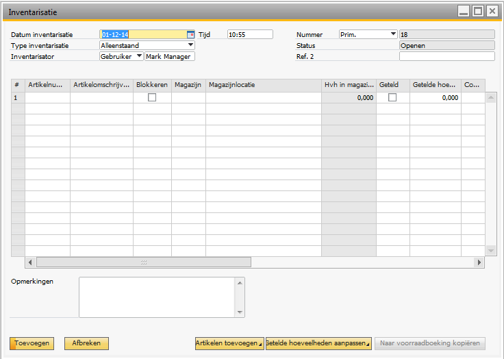 Zie voor de handleiding inventarisatie in SAP B1 8.81 paragraaf 3.2. 3.1 Inventarisatie vanaf SAP B1 9.