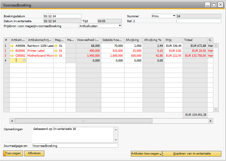 De kolom Afwijking toont de verschillen tussen de getelde hoeveelheid en de voorraad in SAP. De kolom Prijs toont de prijs waartegen het verschil wordt geboekt.