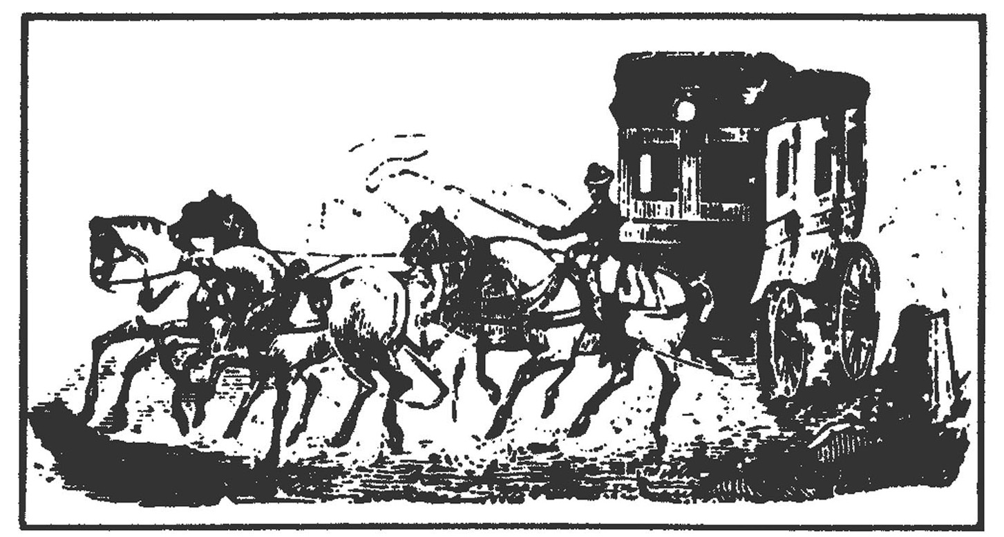 Afb. 4: Indruk van een diligence van het type van Van Gend en Loos in volle vaart met 5 paarden en een ruiter. Let op de schijnwerper. Ongeveer hetzelfde model als in Afb. 3 en 5.