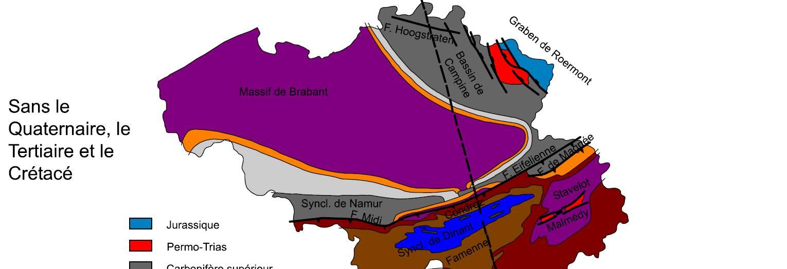 Figuur 9: Voorkomen van Perm-Jura-afzettingen in België pre-krijt De afzettingen uit het Krijt komen voor in een groot deel van Vlaanderen, maar dagzomen praktisch nergens.