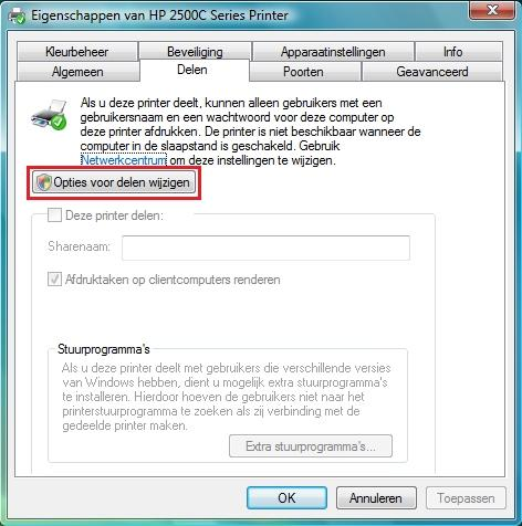 4. Klik in het venster met printereigenschappen op de knop Opties voor delen wijzigen. 5.