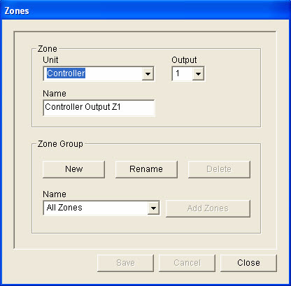 Configuratie Plena VAS Configuratie nl 17 4.2 Zones Via de knop Zones wordt het eigenschappenscherm Zones geopend. Gebruik dit scherm om namen van zones te wijzigen en zonegroepen te beheren.