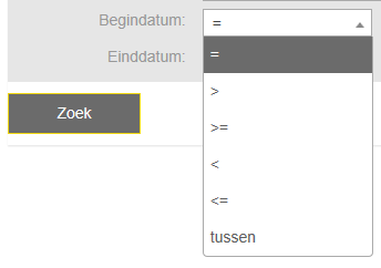 Gebruik het > (groter dan) teken bij Begindatum als u wil dat u zoekresultaat beperkt is tot gebruikers waarvan de werkrelatie is begonnen na een bepaalde datum.