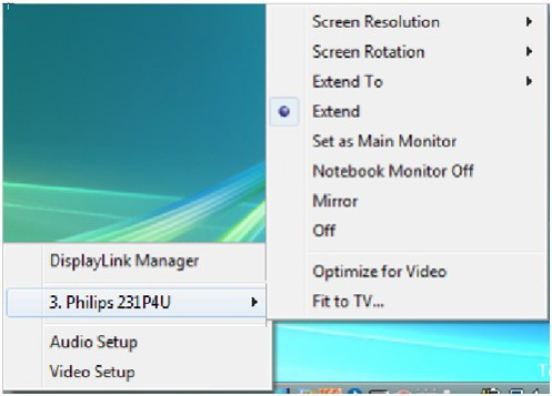 Het menu DisplayLink Manager gebruiken 1.