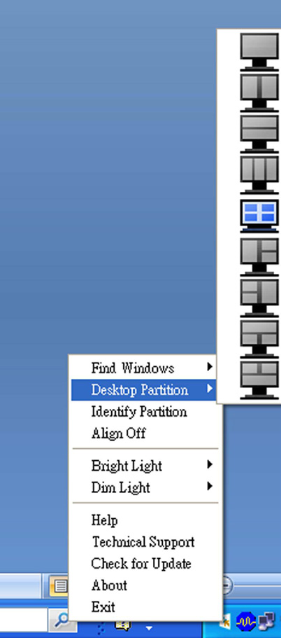 Menu openen met linkermuisknop Klik met de linkermuisknop op het pictogram van Desktop Partition (Bureaubladpartitie) om het geactiveerde venster snel naar een partitie te sturen zonder het te moeten