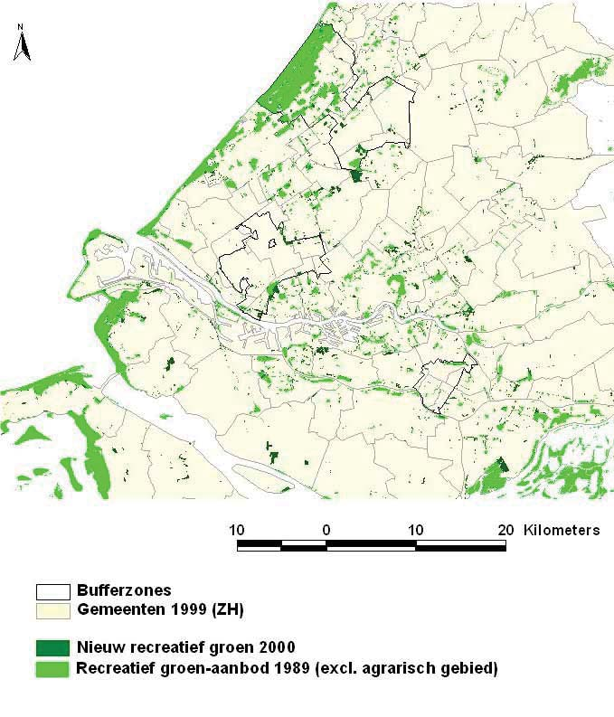 4.3 Nieuw groen na 1989 In figuur 4.2 staat Zuid-Holland en zijn bufferzones afgebeeld, met daarop alle recreatieve groengebieden in 1989 en 2000.