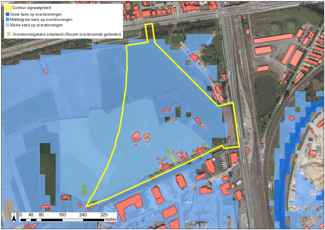 Figuur: De blauwe contouren geven de huidige overstromingskans weer. Hoe donkerder blauw, hoe groter de overstromingskans.