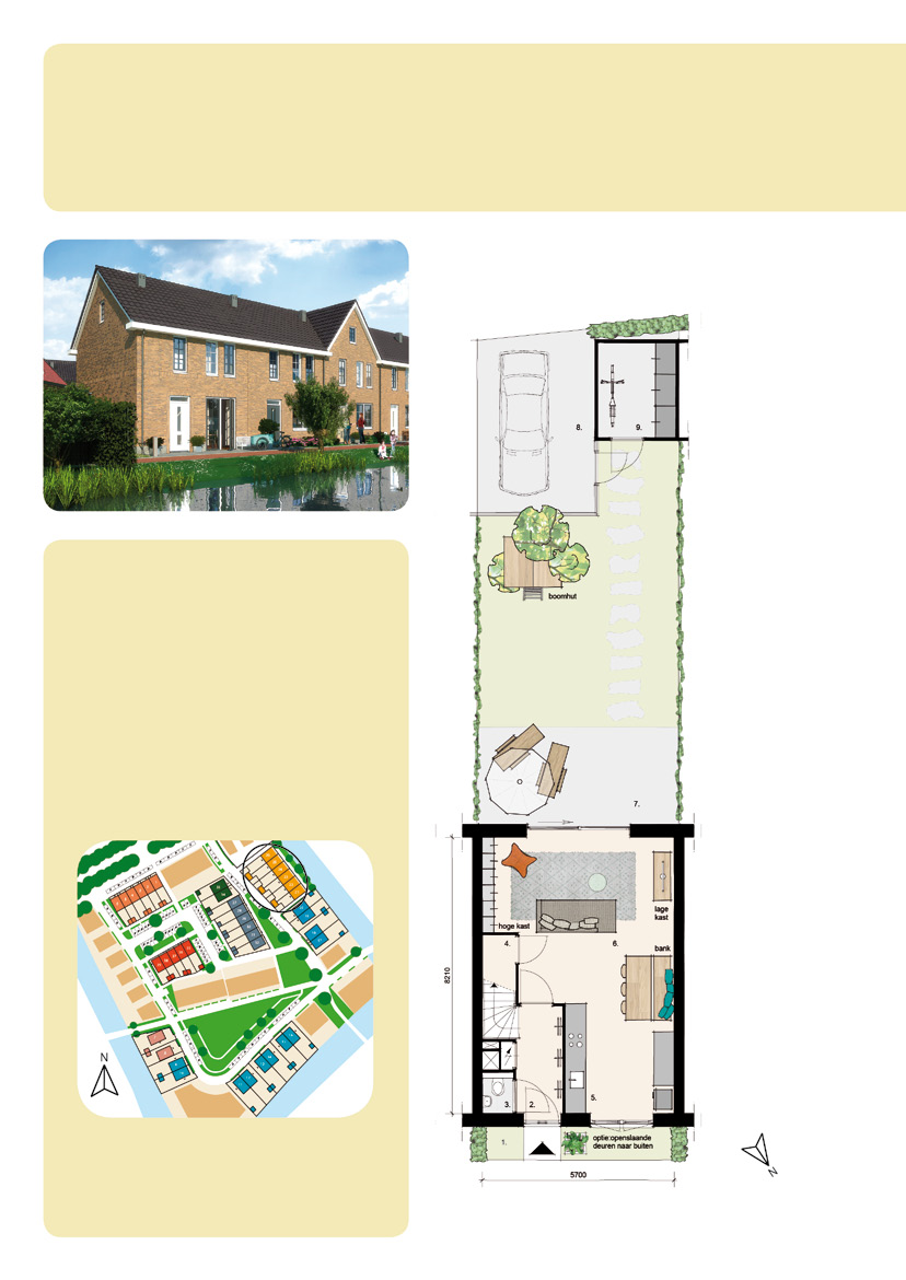 Rijhuizen aan het water Bouwnummers 21 t/m 26 Begane grond 1. voortuin 2. entree 3. toilet 4. trapkast 5. keuken 6. woonkamer 7. tuin 8. parkeerplek 9. berging Ligging tuin: zuidwest Oppervlakte: ca.