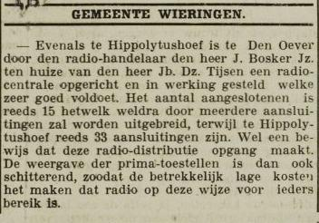 Radiodistributie in Den Oever en omstreken: In 1928 wil Bosker de radiodistributie uitbreiden naar Den Oever en omstreken en hiervoor krijgt hij hiervoor