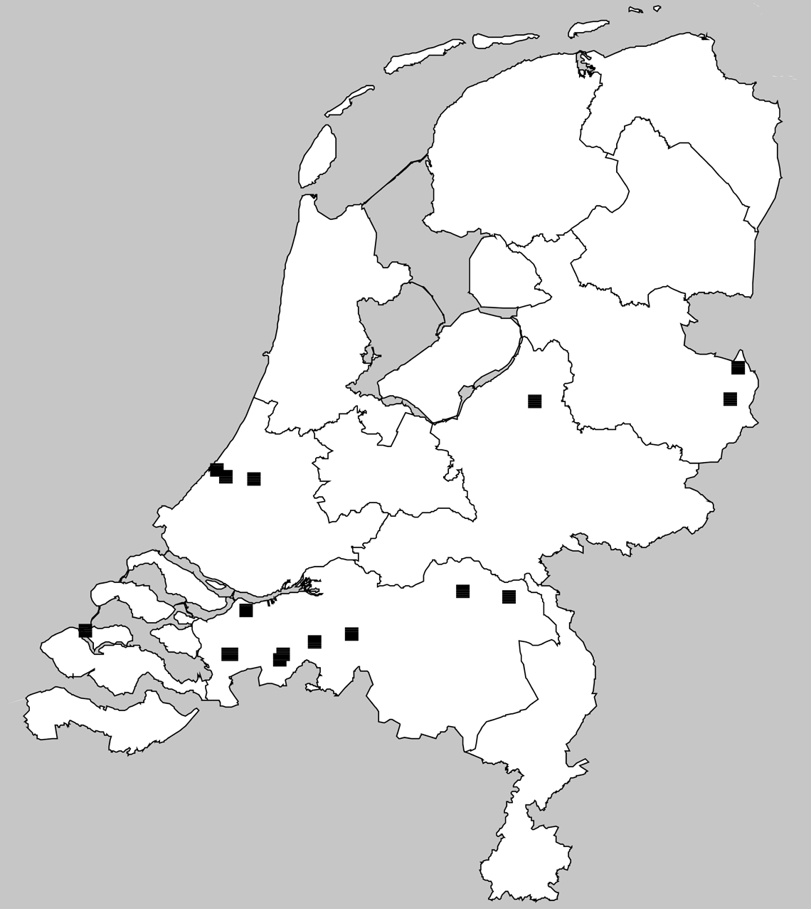 Fig. 2. Verspreiding van Crassula helmsii in Nederland. verspreidingsbronnen in overmaat aanwezig.