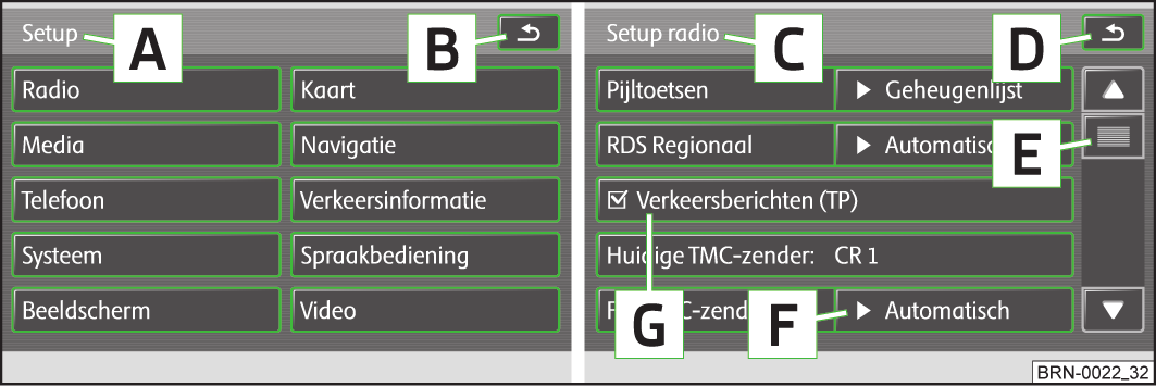 Beeldschermbediening Afbeelding 2 Instellingsmodus SETUP: Hoofdmenu Instellingen / Instellingen radio Het apparaatbeeldscherm is een zogenaamd "touchscreen" (aanraakbeeldscherm).
