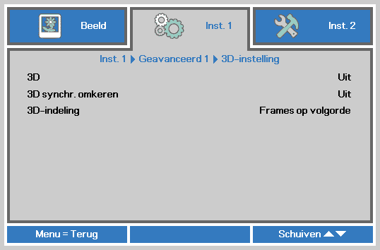 3D-instelling 3D ITEM 3D synchr. omkeren 3D-indeling BESCHRIJVING Druk op de cursorknop om een andere 3D-modus te openen en te selecteren. Druk op de cursorknop om de functie 3D synchr.