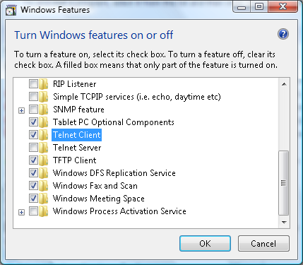 Selecteer "Windows-onderdelen in- of uitschakelen" Selecteer de optie "Telnet-client" en druk op de knop "OK". Specificatieblad voor RS232 op TELNET : 1. Telnet: TCP. 2.