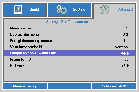 Druk op de cursorknop om omlaag te gaan naar Geavanceerd 1 en druk op Enter. 3. Druk op de cursorknop om omlaag te gaan naar Lampuren opnieuw instellen. 4.